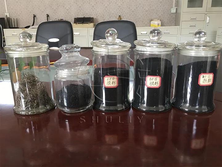 pó de borracha de diferentes tamanhos de malha